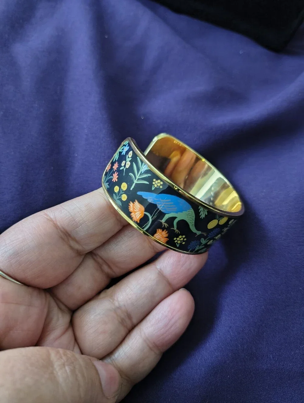 Rifle Paper Co. Menagerie Print Enamel And Gold Plated Brass Cuff. Estate Find